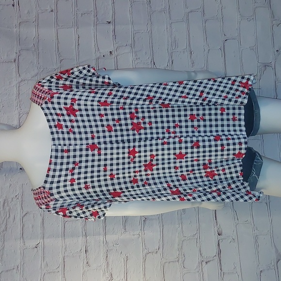 Blue Gingham w Red Stars Top by Lane Bryant Flutter Sleeve Tee 22 24 3X - Picture 3 of 6